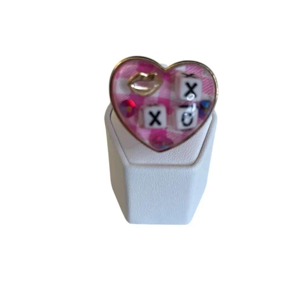 Betsey Johnson Pink & White Gingham Acrylic Ring w/ XOX beads and charms.